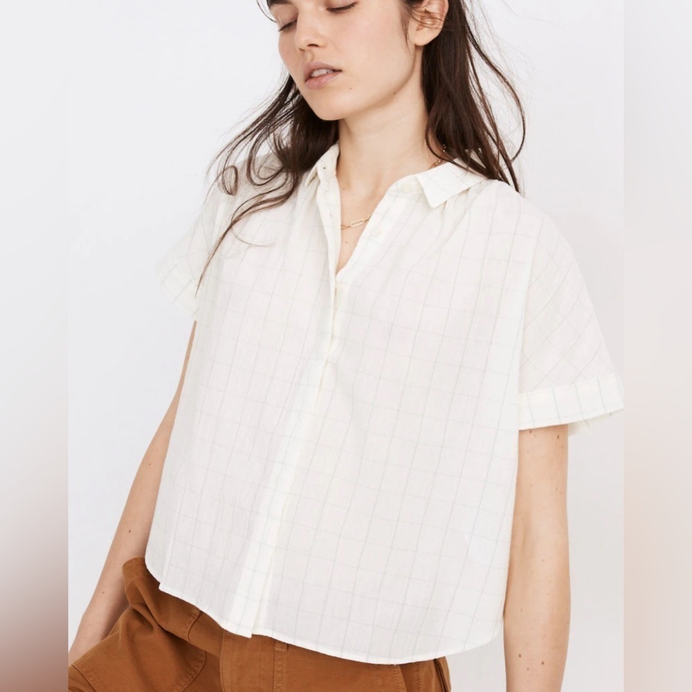 Madewell Light Spun Hilltop Cropped Fit Shirt in Windowpane Print MEDIUM